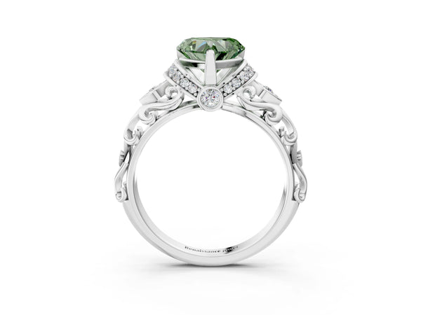 Platinum Fancy Green Heart Cut Diamond Solitaire Ring with Filigree Band and Four-Prong Setting