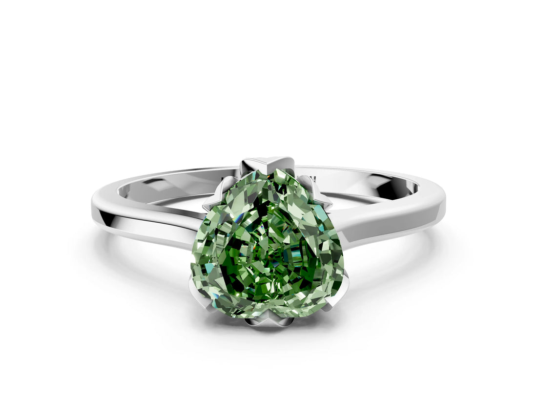 White gold Fancy Green Heart Cut Diamond Solitaire Ring with Flower Prong Setting and Classic Band_21