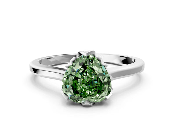 White gold Fancy Green Heart Cut Diamond Solitaire Ring with Flower Prong Setting and Classic Band