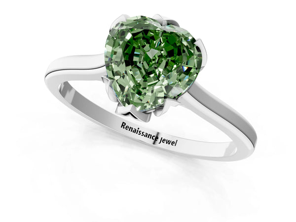 White gold Fancy Green Heart Cut Diamond Solitaire Ring with Flower Prong Setting and Classic Band