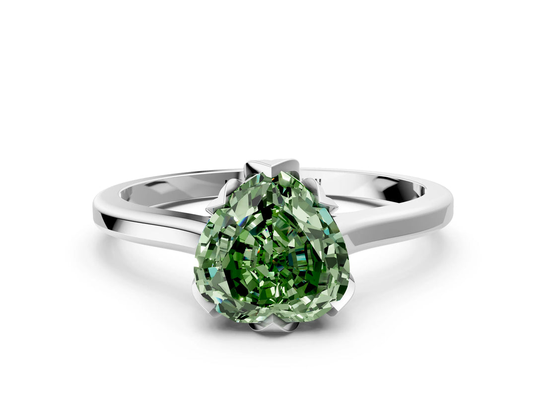 White gold Fancy Green Heart Cut Diamond Solitaire Ring with Flower Prong Setting and Classic Band_33