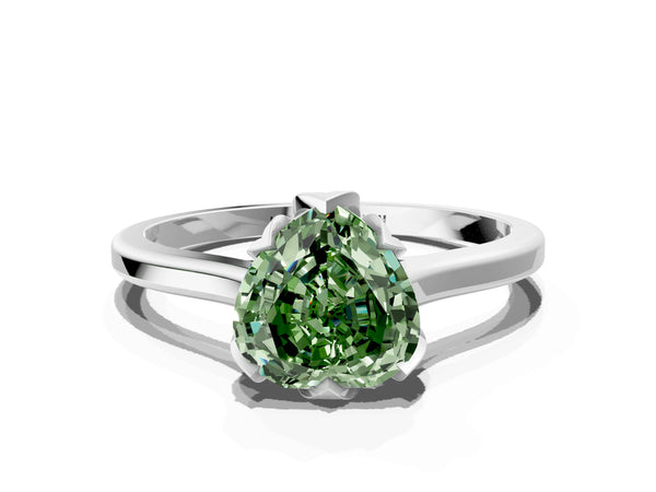 White gold Fancy Green Heart Cut Diamond Solitaire Ring with Flower Prong Setting and Classic Band