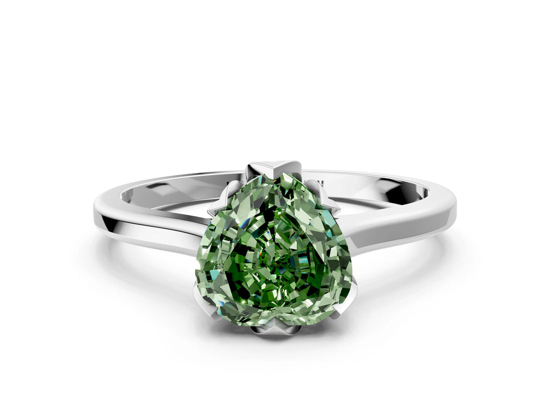 White gold Fancy Green Heart Cut Diamond Solitaire Ring with Flower Prong Setting and Classic Band_84