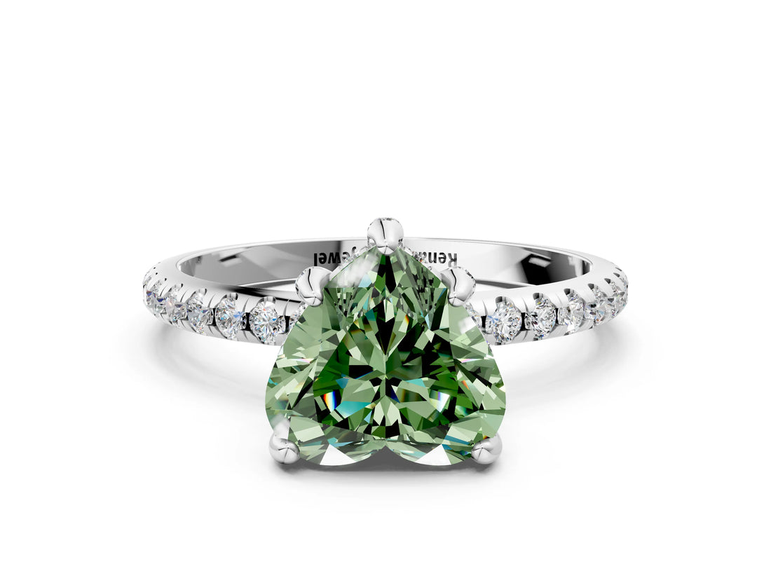 White gold Fancy Green Heart Cut Diamond Solitaire Ring with Four-Prong Setting and Pavé Band_3
