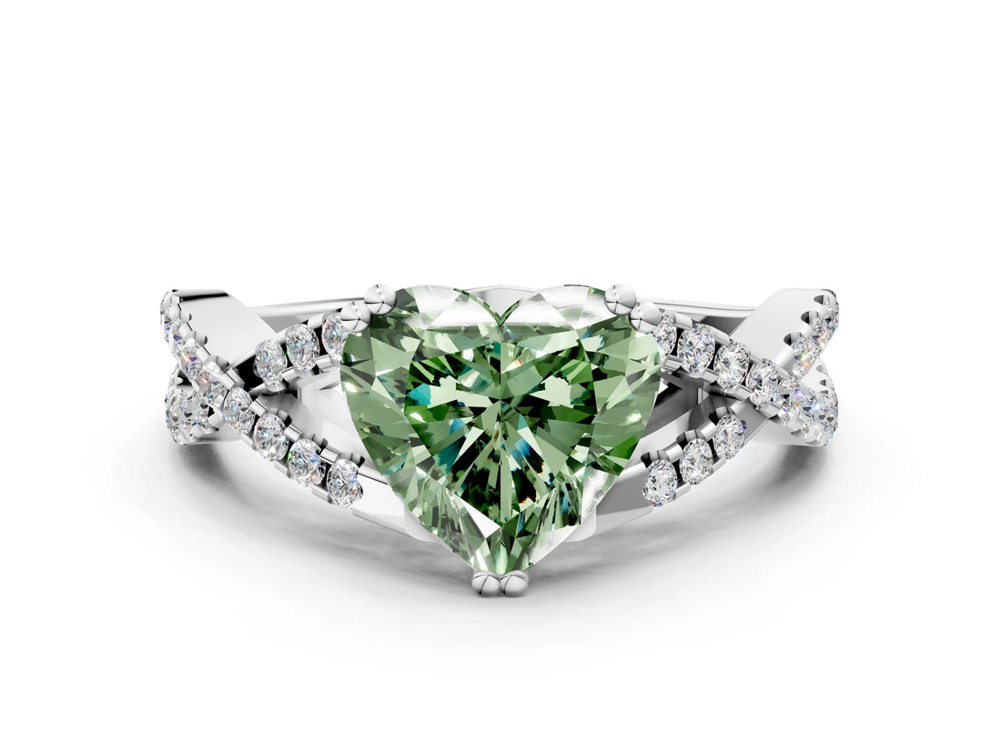 White gold Fancy Green Heart Cut Diamond Solitaire Ring with Four-Prong Setting and Twisted Pavé Band_17