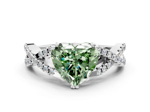 Platinum Fancy Green Heart Cut Diamond Solitaire Ring with Four-Prong Setting and Twisted Pavé Band
