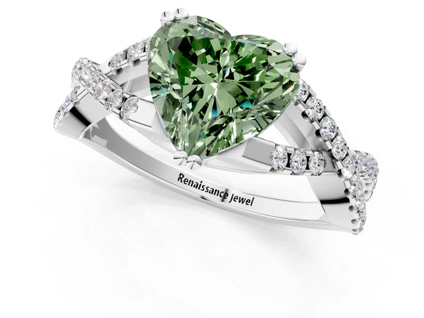 Platinum Fancy Green Heart Cut Diamond Solitaire Ring with Four-Prong Setting and Twisted Pavé Band