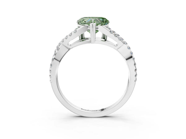 Platinum Fancy Green Heart Cut Diamond Solitaire Ring with Four-Prong Setting and Twisted Pavé Band