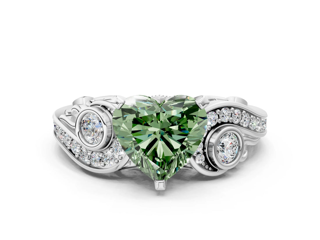 White gold Fancy Green Heart Cut Diamond Solitaire Ring with Milgrain Pavé Band and Four-Prong Setting_89