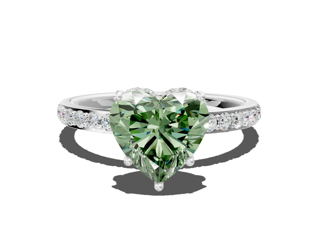 White gold Fancy Green Heart Cut Diamond Solitaire Ring with Pavé Band and Hidden Halo_114