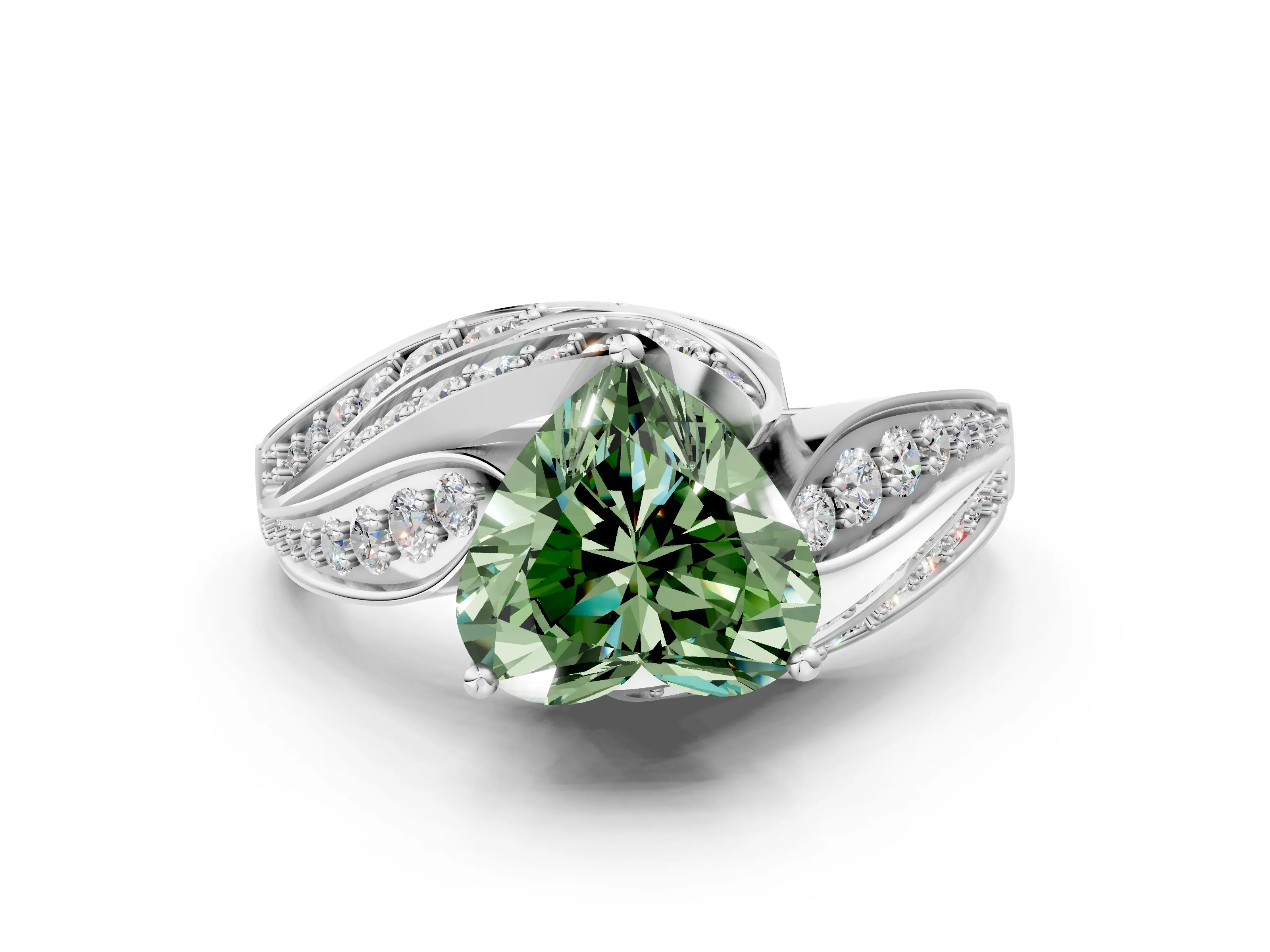 White gold Fancy Green Heart Cut Diamond Solitaire Ring with Prong Setting and Twisted Pavé Band