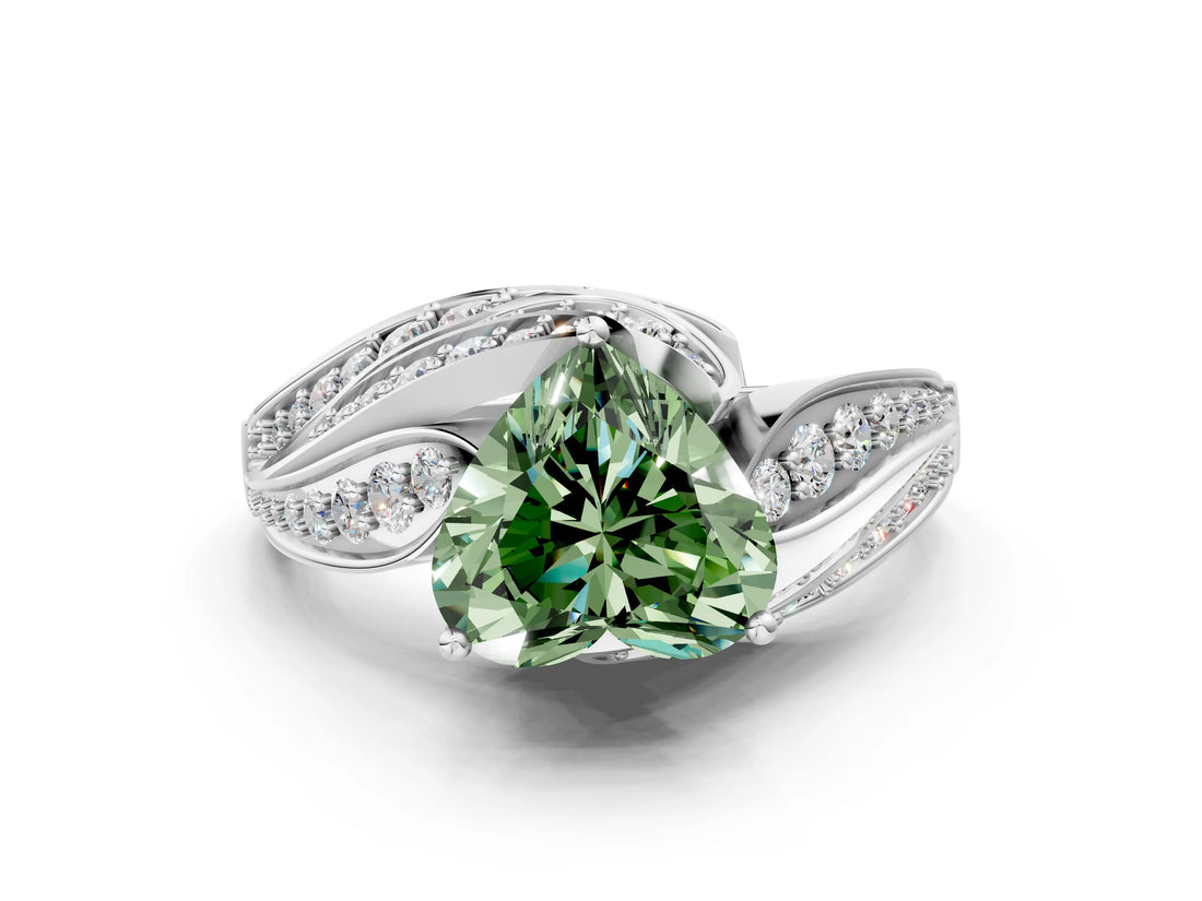 White gold Fancy Green Heart Cut Diamond Solitaire Ring with Prong Setting and Twisted Pavé Band_12