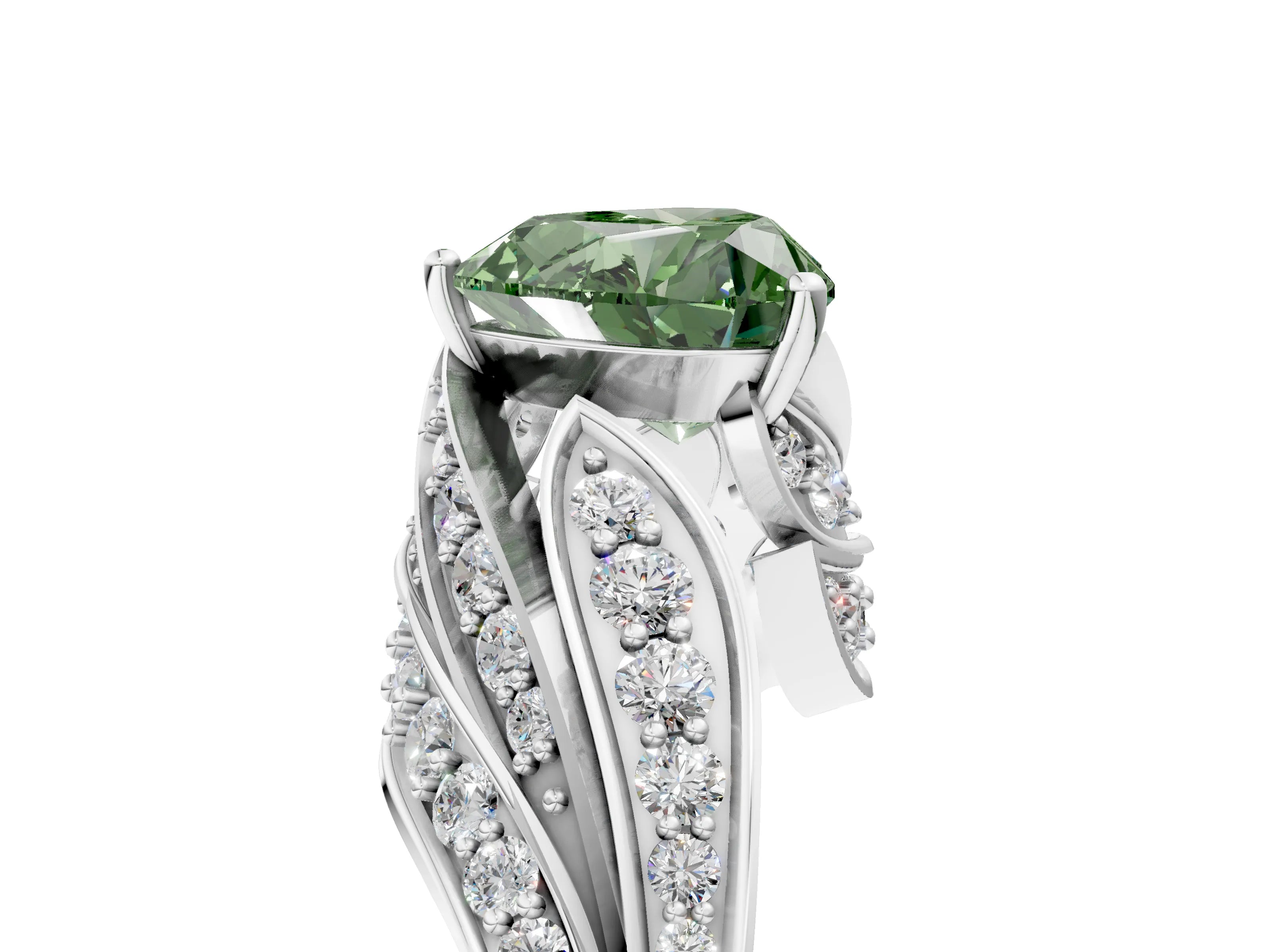 White gold Fancy Green Heart Cut Diamond Solitaire Ring with Prong Setting and Twisted Pavé Band_17