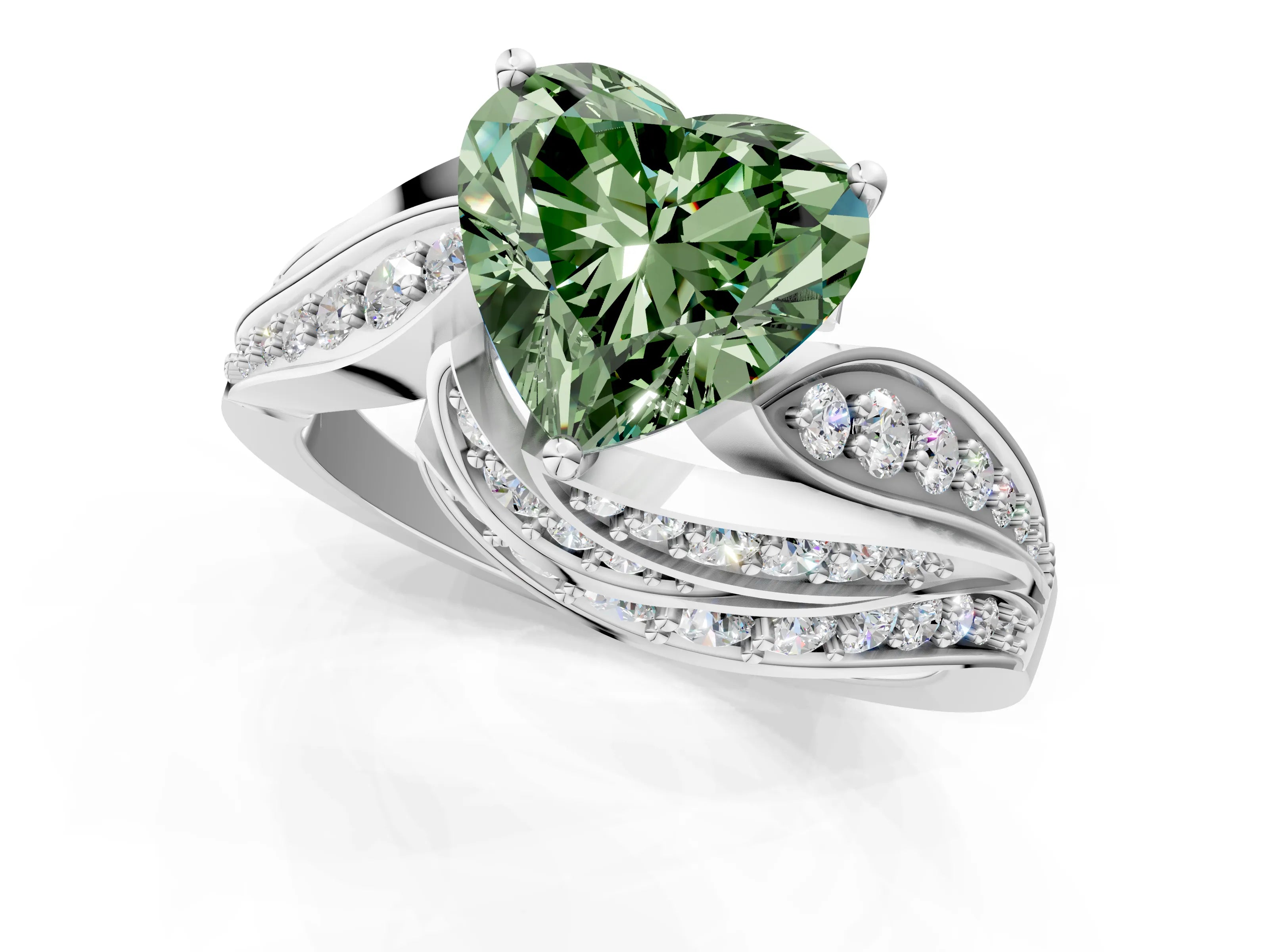 White gold Fancy Green Heart Cut Diamond Solitaire Ring with Prong Setting and Twisted Pavé Band_1