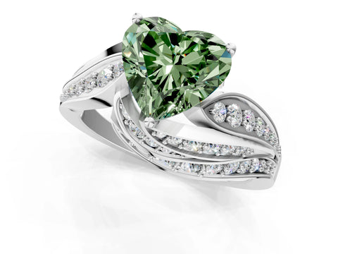 White gold Fancy Green Heart Cut Diamond Solitaire Ring with Prong Setting and Twisted Pavé Band_1