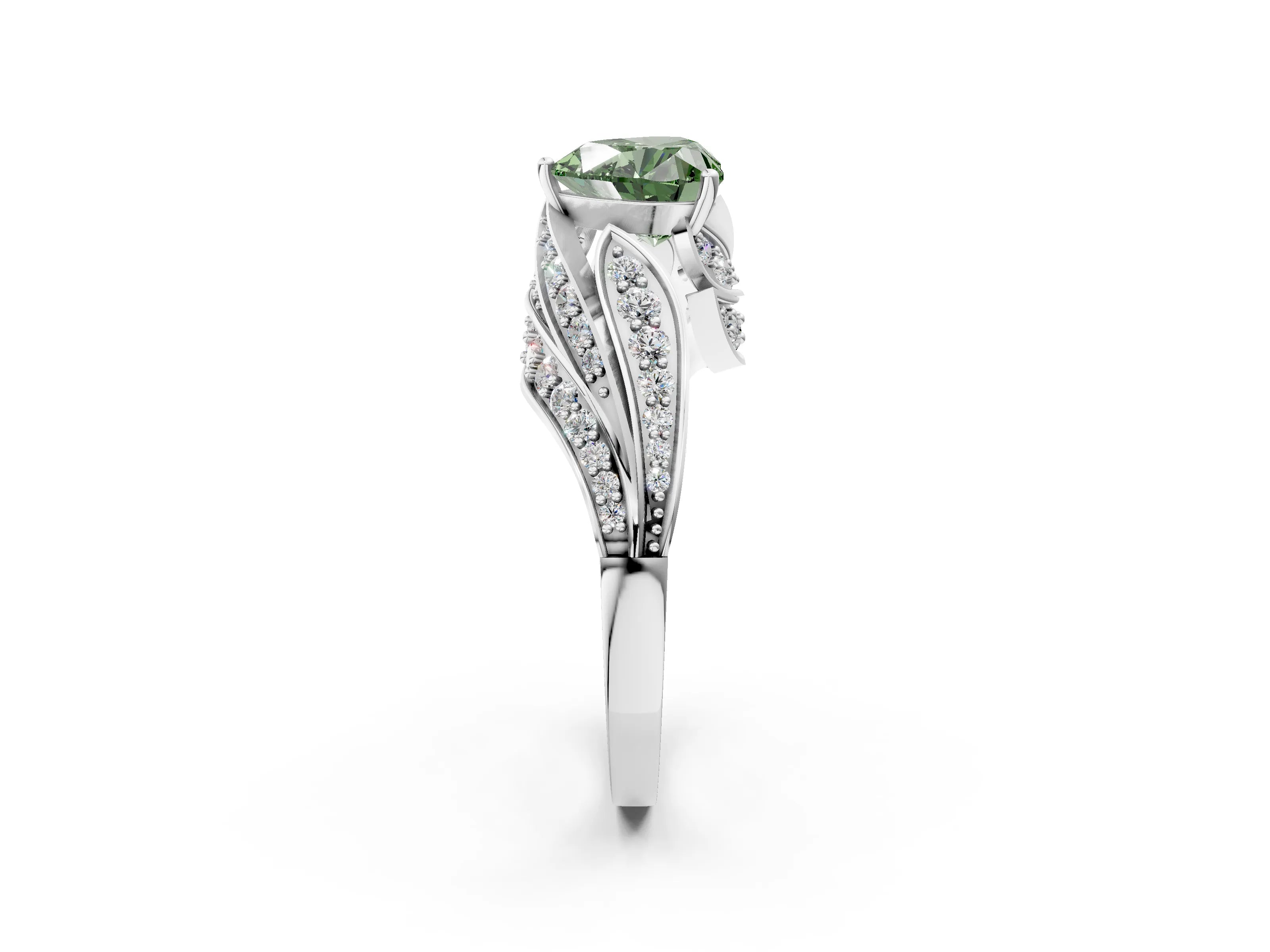 White gold Fancy Green Heart Cut Diamond Solitaire Ring with Prong Setting and Twisted Pavé Band_2