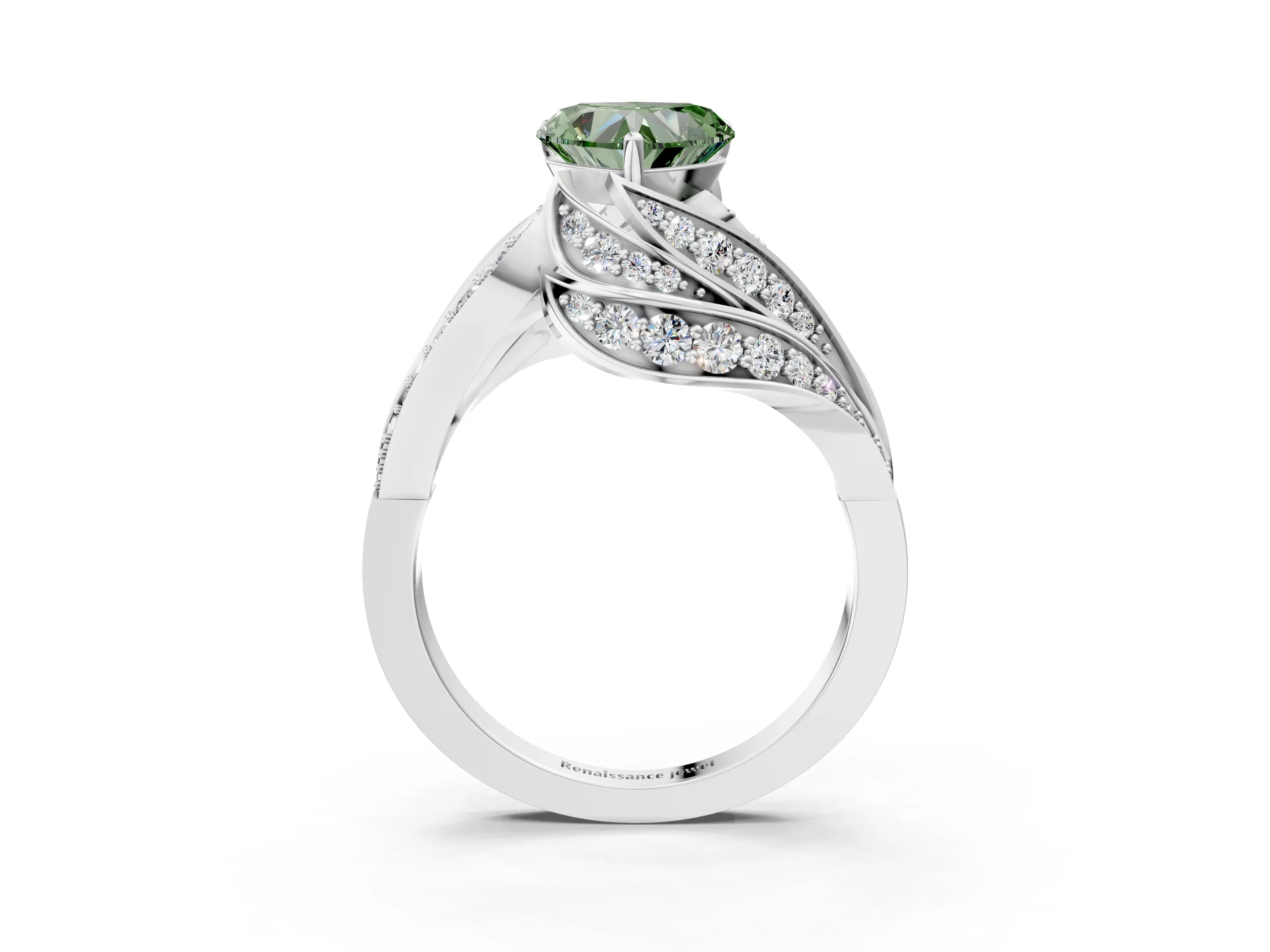 White gold Fancy Green Heart Cut Diamond Solitaire Ring with Prong Setting and Twisted Pavé Band_3