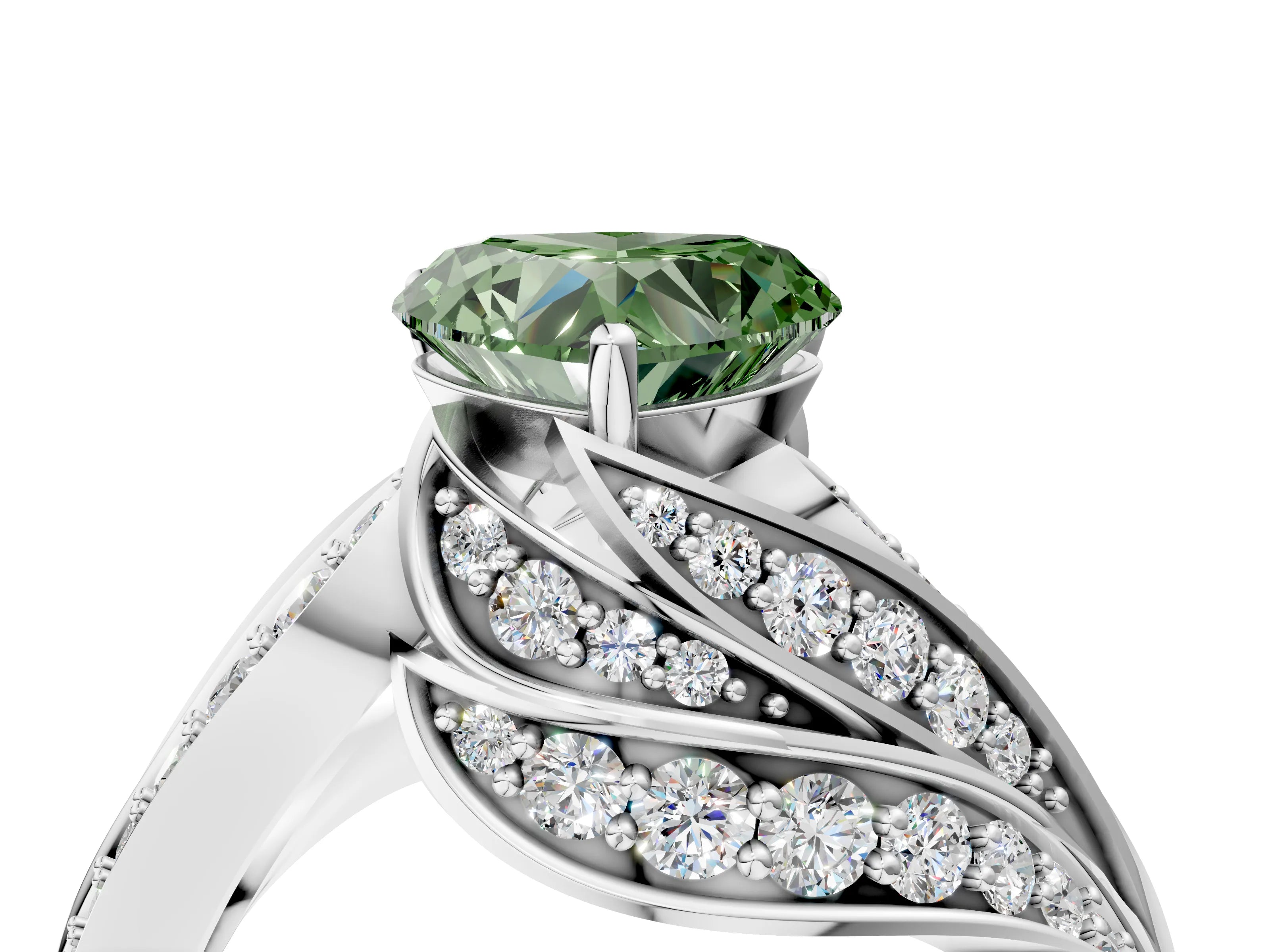 White gold Fancy Green Heart Cut Diamond Solitaire Ring with Prong Setting and Twisted Pavé Band_4