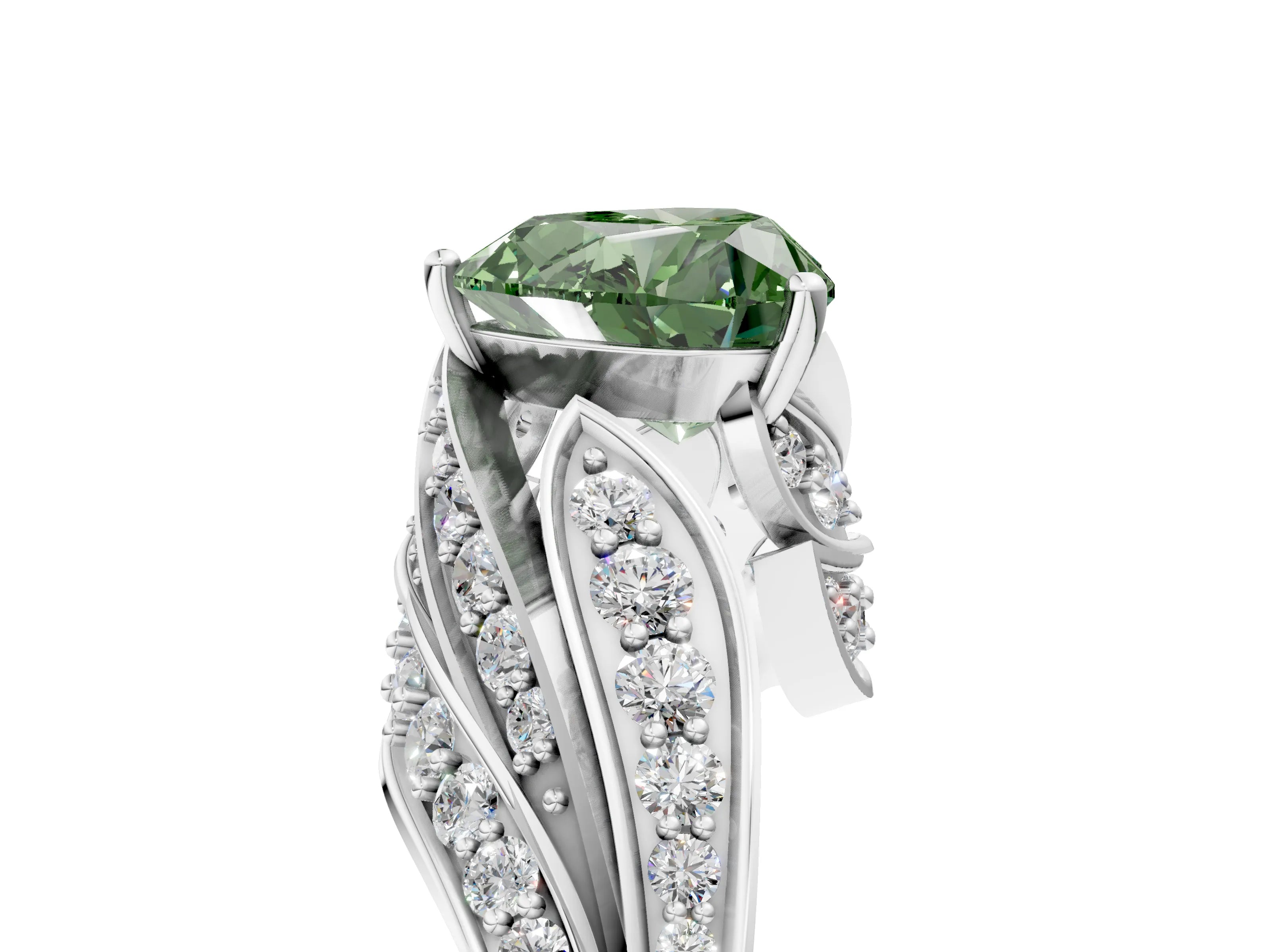 White gold Fancy Green Heart Cut Diamond Solitaire Ring with Prong Setting and Twisted Pavé Band_5