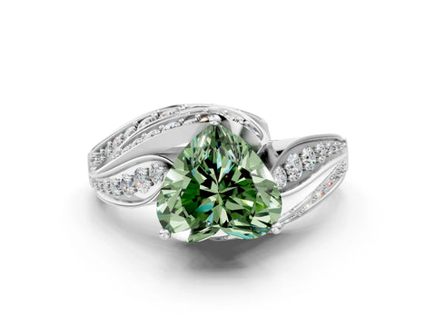 White gold Fancy Green Heart Cut Diamond Solitaire Ring with Prong Setting and Twisted Pavé Band