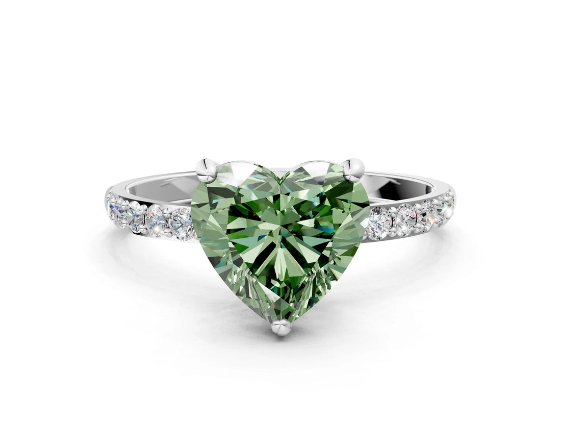 White gold Fancy Green Heart Cut Diamond Solitaire Ring with Round  Pavé Band and Prong Setting_83