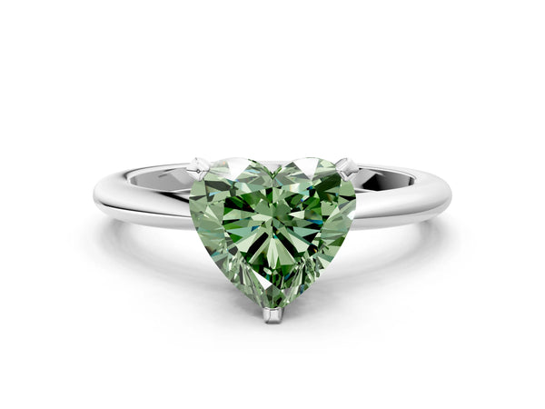 Platinum Fancy Green Heart Cut Diamond Solitaire Ring with Six-Prong Setting and Classic Band