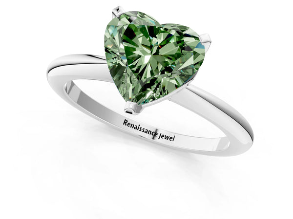 Platinum Fancy Green Heart Cut Diamond Solitaire Ring with Six-Prong Setting and Classic Band