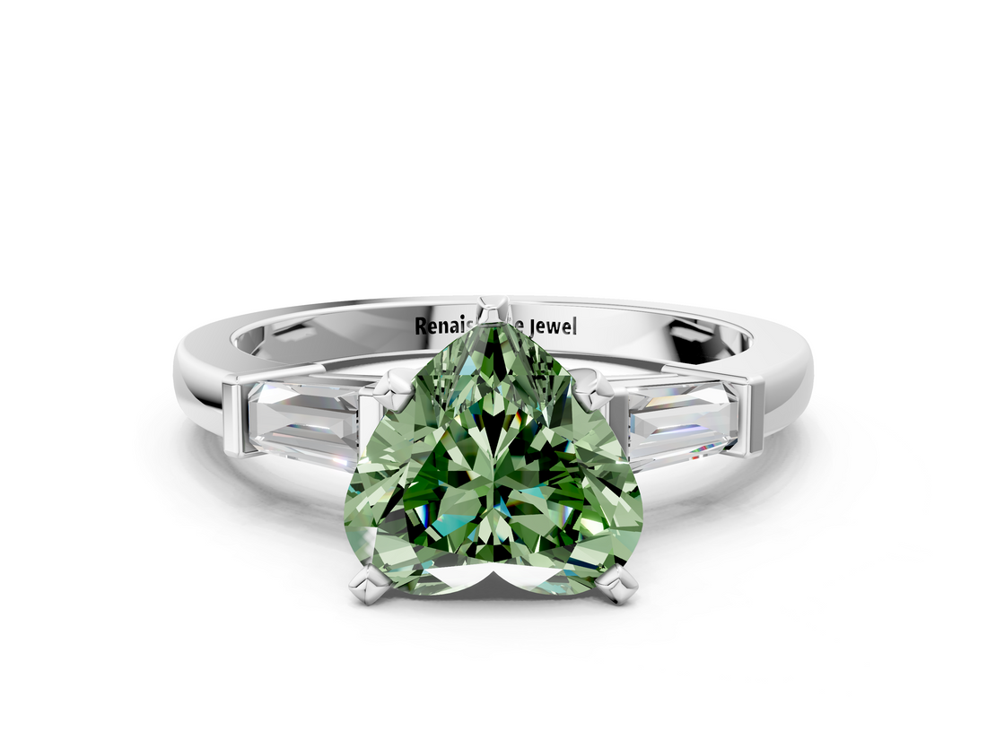 White gold Fancy Green Heart  Cut Diamond Solitaire Ring with Tapered Baguette Accents and Four-Prong Setting