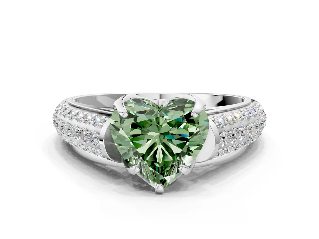 White gold Fancy Green Heart Cut Diamond Solitaire Ring with Three-Row Pavé Band and Four-Prong Setting_29