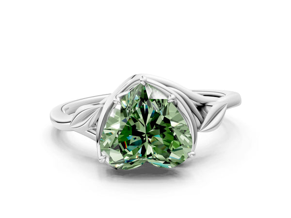 Platinum Fancy Green Heart Cut Diamond Solitaire Ring with Twist Band and Four-Prong Setting