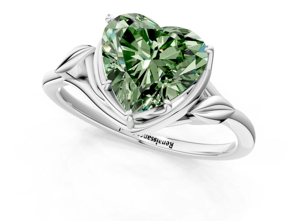 Platinum Fancy Green Heart Cut Diamond Solitaire Ring with Twist Band and Four-Prong Setting