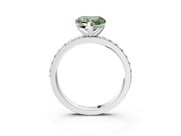 White gold Fancy Green Heart  Cut Diamond Solitaire with Pave Band and Four-Prong Setting