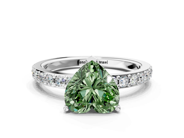 White gold Fancy Green Heart  Cut Diamond Solitaire with Pave Band and Four-Prong Setting