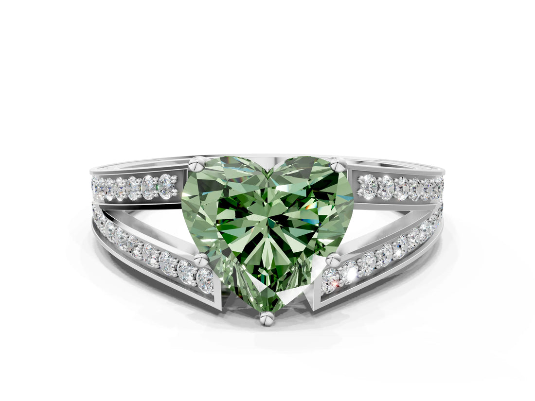 White gold Fancy Green Heart Cut Diamond Split Shank Ring with Pavé Band and Four-Prong Setting_17