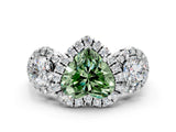 White gold Fancy Green Heart Cut Diamond Three-Stone Halo Ring with Prong Setting and Pavé Accents