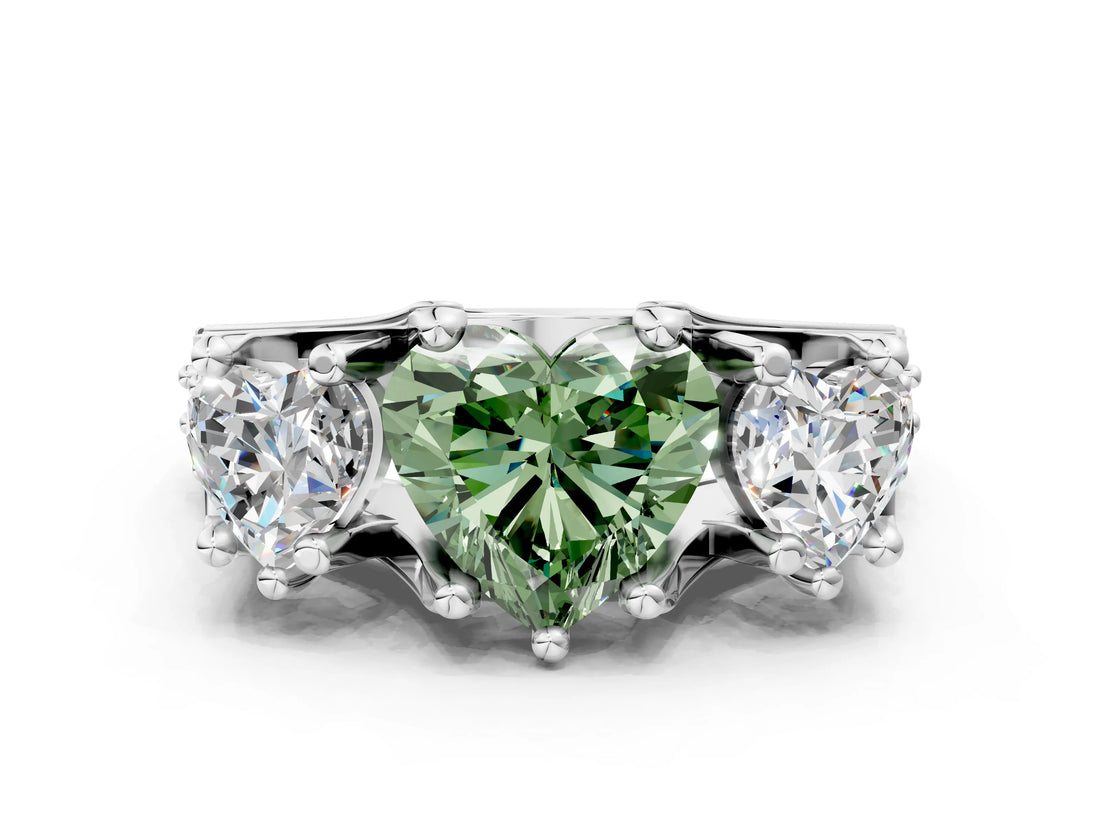 White gold Fancy Green Heart Cut Diamond Three-Stone Ring with Channel Set Band and Four-Prong Setting_45