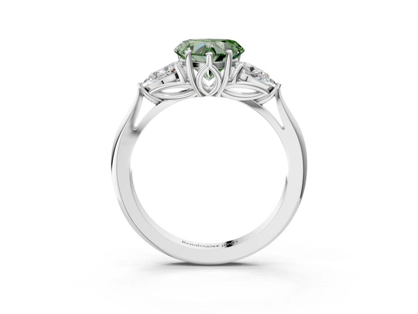 White Gold Heart-Shaped Three Stone Pear Side Engagement Ring Setting for Fancy Green Center