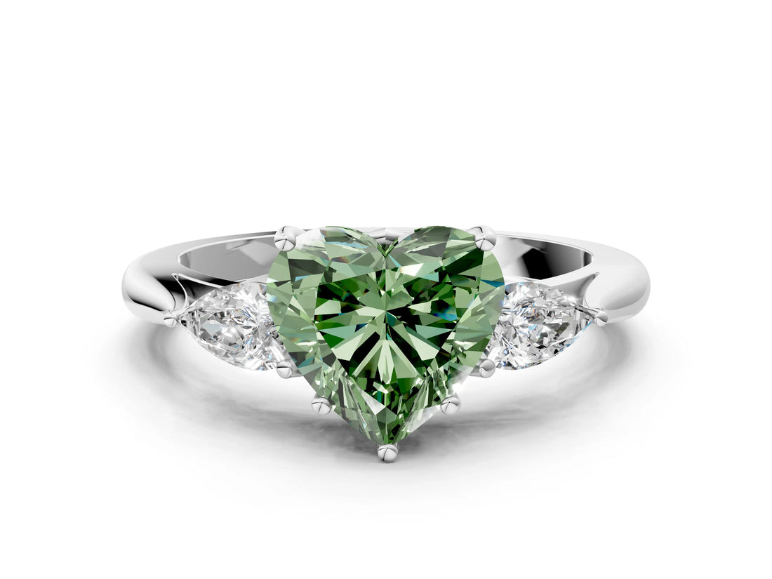 White gold Fancy Green Heart Cut Diamond Three-Stone Ring with Pear  Side Stones and Prong Setting_118