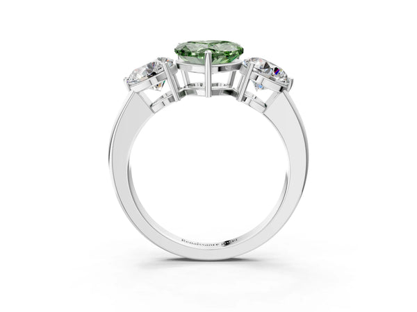 White gold Fancy Green Heart Cut Diamond Three-Stone Ring with Prong Setting and Classic Band