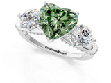 White gold Fancy Green Heart Cut Diamond Three-Stone Ring with Prong Setting and Pavé Band_1