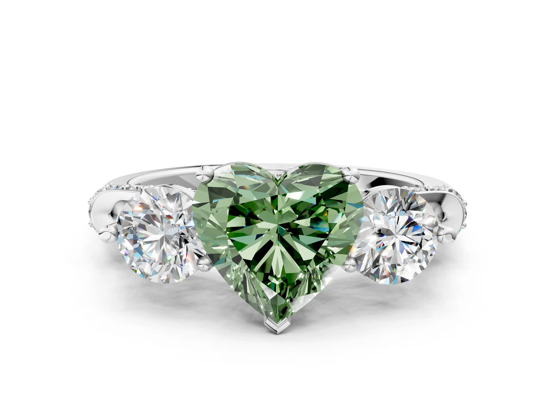 White gold Fancy Green Heart Cut Diamond Three-Stone Ring with Prong Setting and Pavé Band