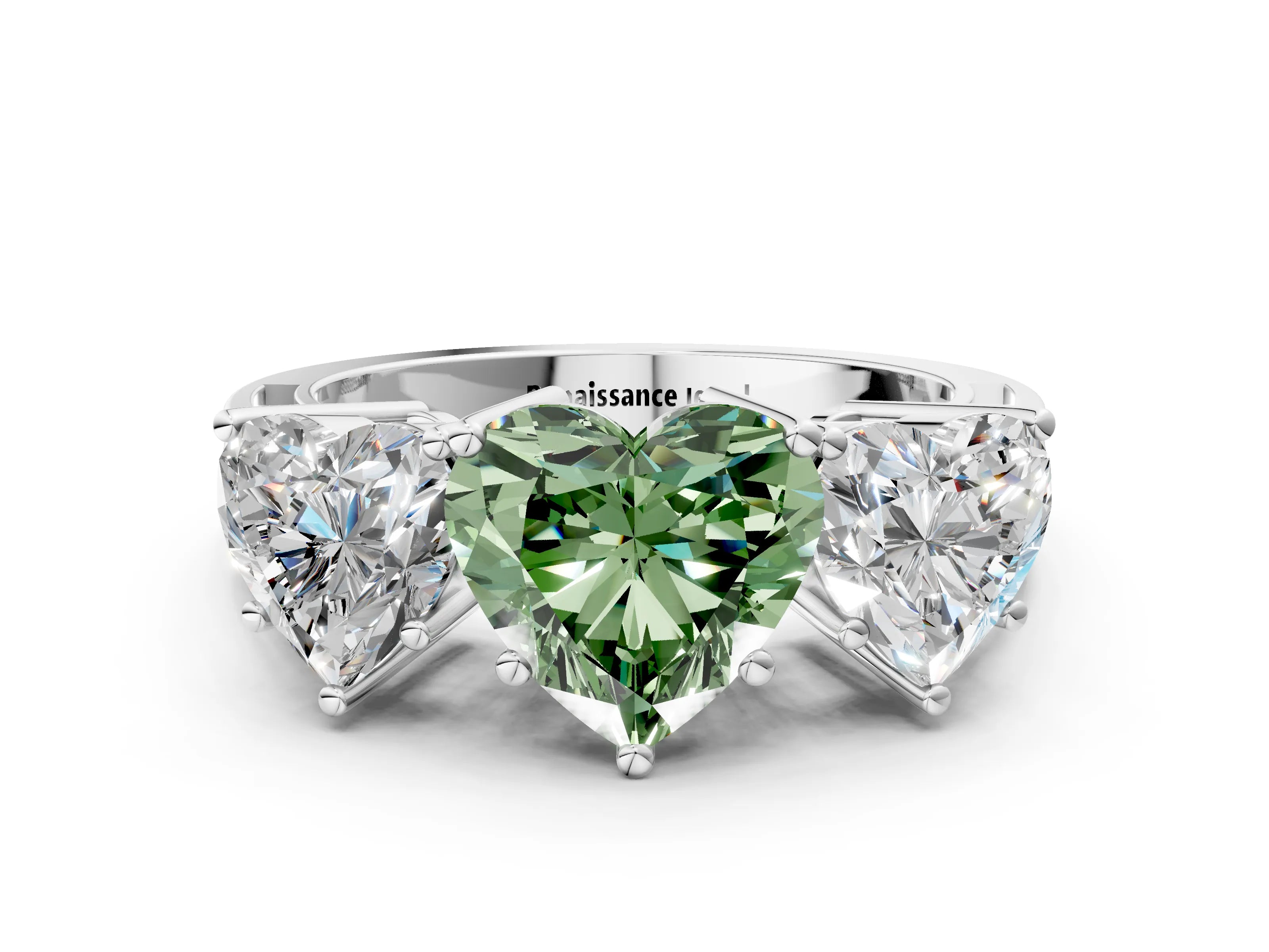 White gold Fancy Green Heart Cut Diamond Three-Stone Ring with Prong Setting and Textured Band_12