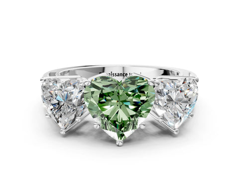 White gold Fancy Green Heart Cut Diamond Three-Stone Ring with Prong Setting and Textured Band_12
