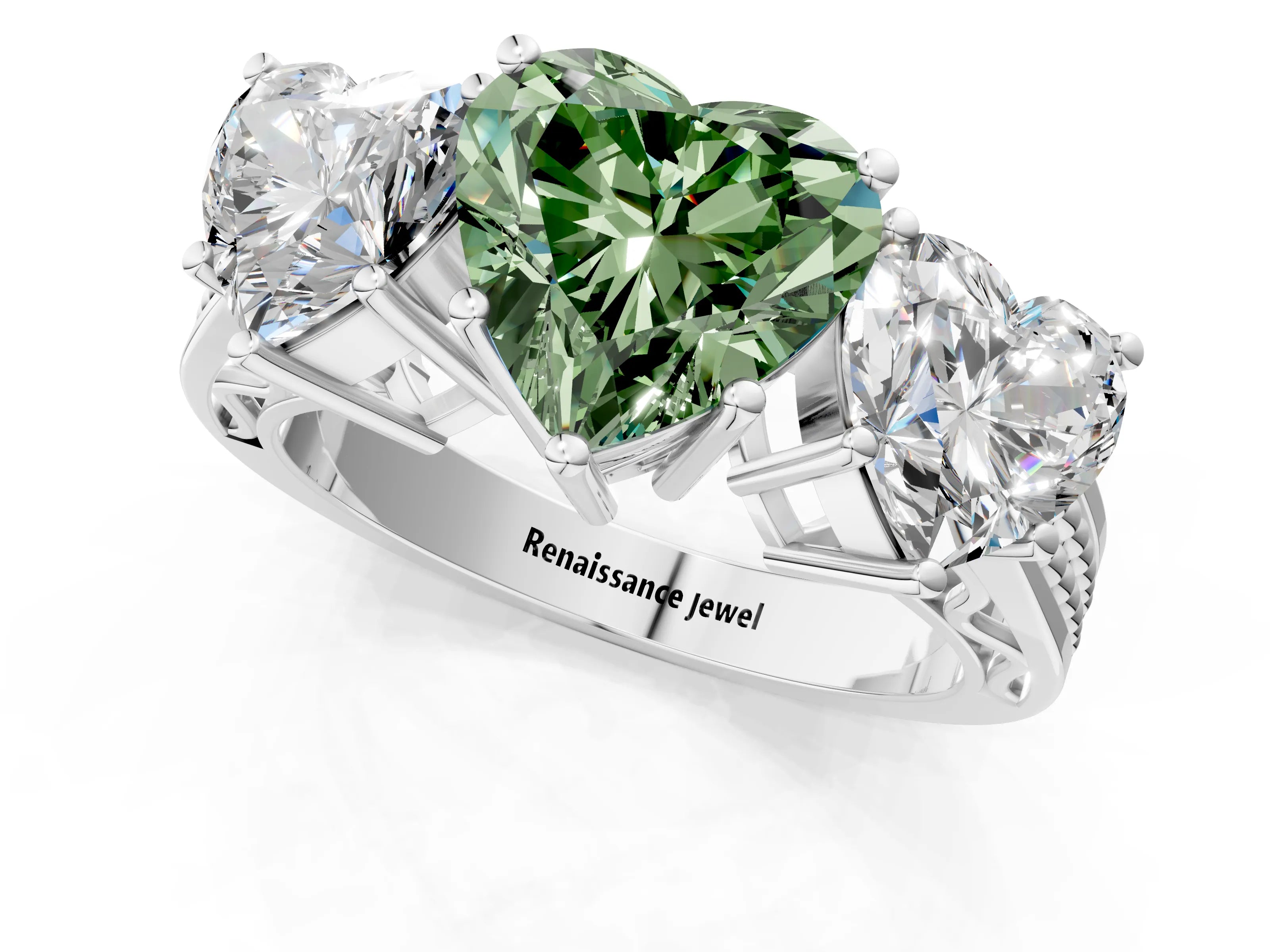 White gold Fancy Green Heart Cut Diamond Three-Stone Ring with Prong Setting and Textured Band_13