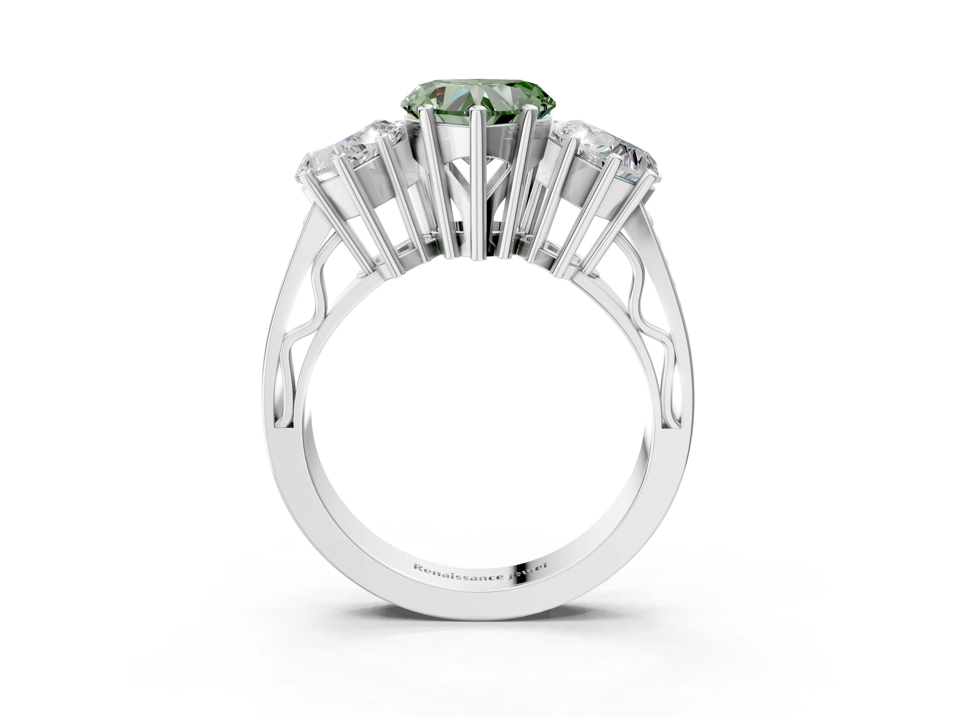 White gold Fancy Green Heart Cut Diamond Three-Stone Ring with Prong Setting and Textured Band_15
