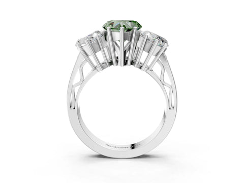 White gold Fancy Green Heart Cut Diamond Three-Stone Ring with Prong Setting and Textured Band_15