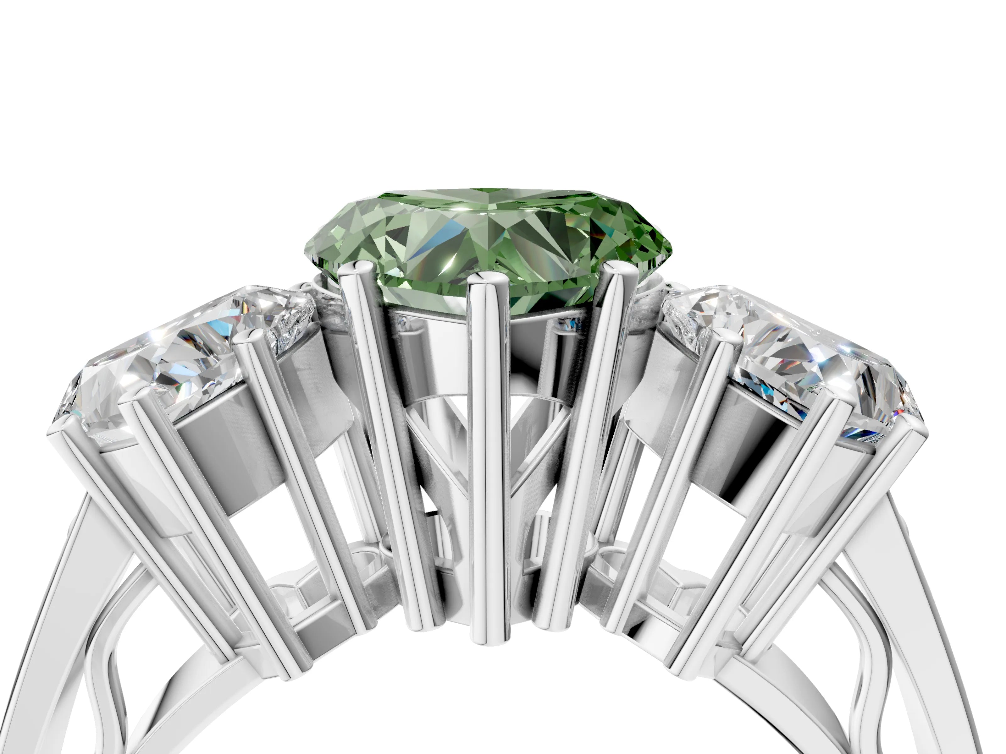 White gold Fancy Green Heart Cut Diamond Three-Stone Ring with Prong Setting and Textured Band_16
