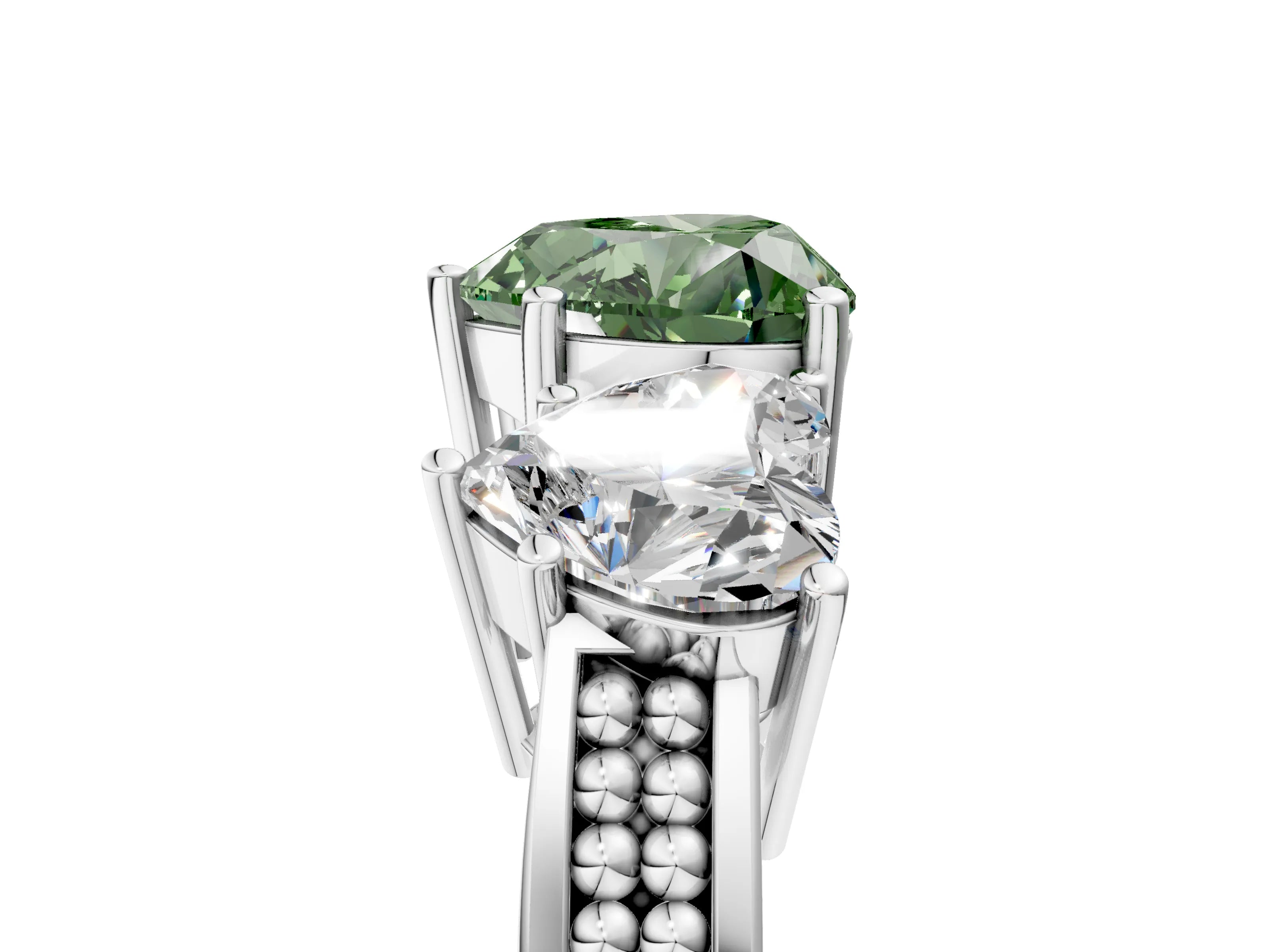 White gold Fancy Green Heart Cut Diamond Three-Stone Ring with Prong Setting and Textured Band_17