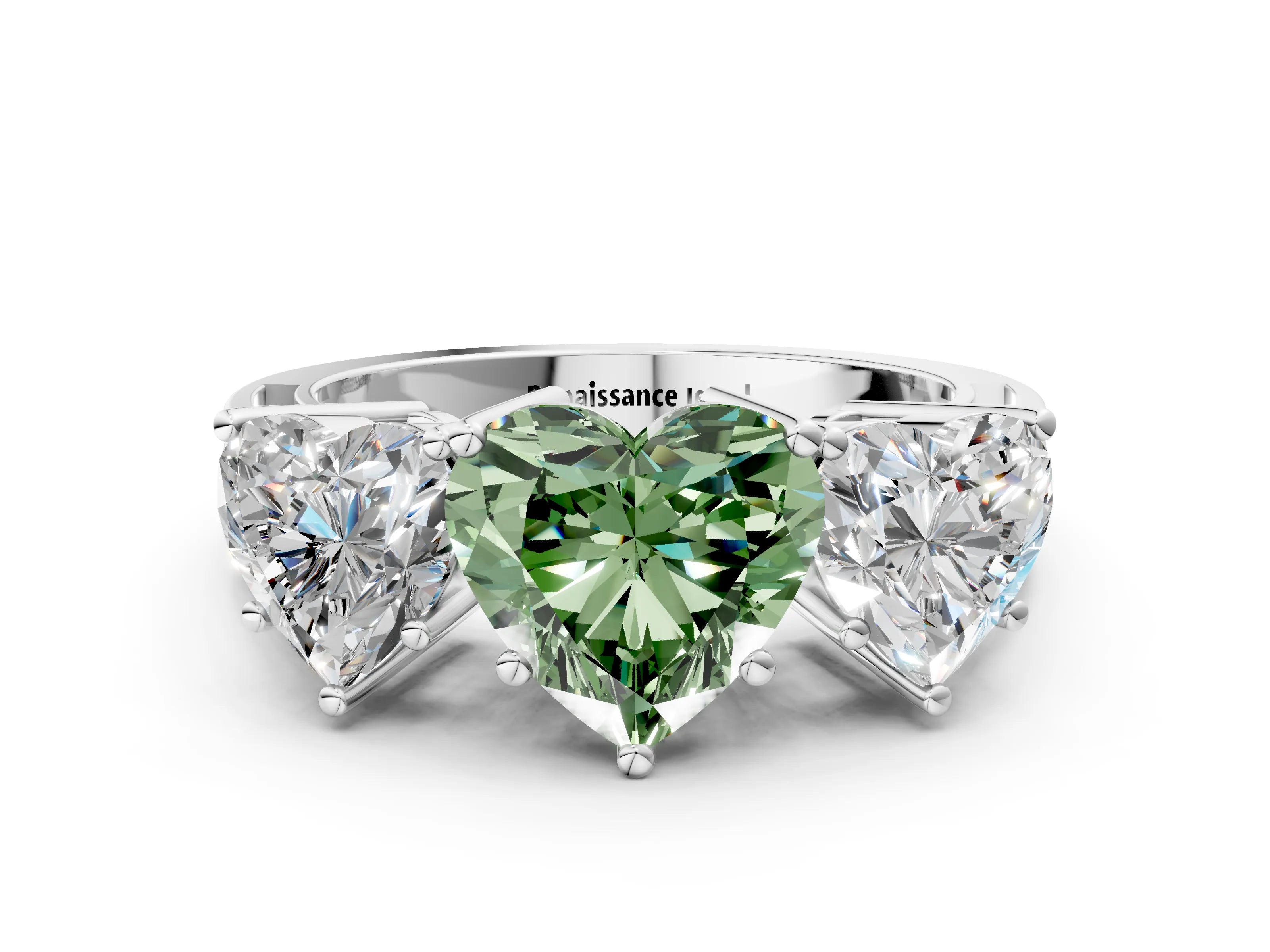 White gold Fancy Green Heart Cut Diamond Three-Stone Ring with Prong Setting and Textured Band