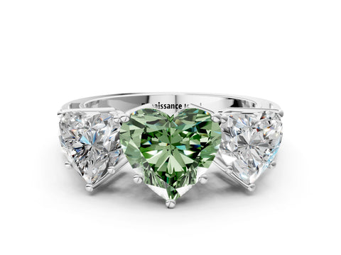White gold Fancy Green Heart Cut Diamond Three-Stone Ring with Prong Setting and Textured Band
